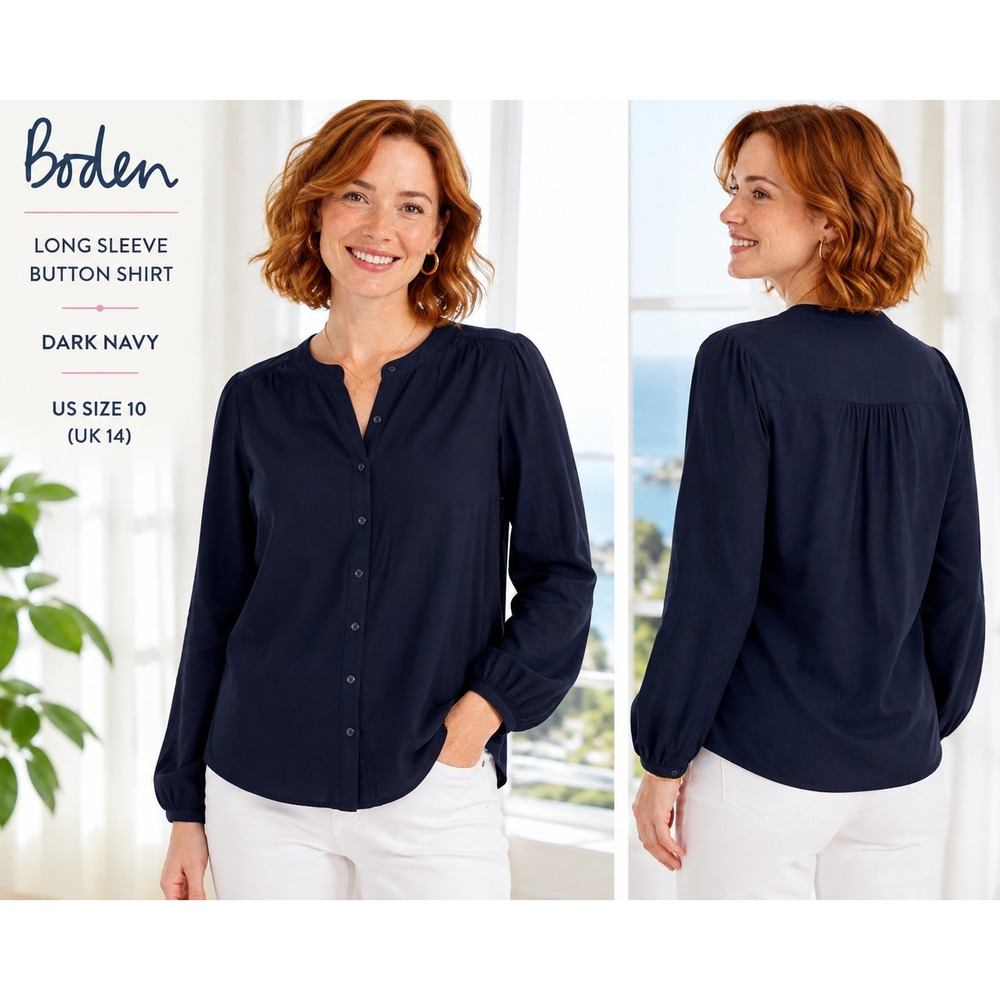 Boden Women's 10 Navy Blue Silk Blend Button Front Long Sleeve Blouse #1865